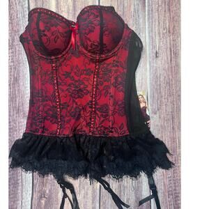 Baci Bustier Set Red Black Lace W/GString NWT Women's M